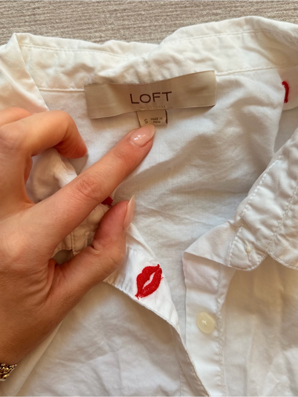 LOFT White Button-Down Shirt with Red Lip Print - Picture 5 of 6